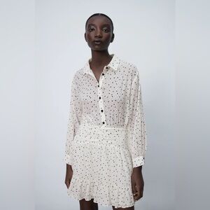 ZARA White Polka Dot Textured Mini Dress M, Long Sleeve Ruffle Hem